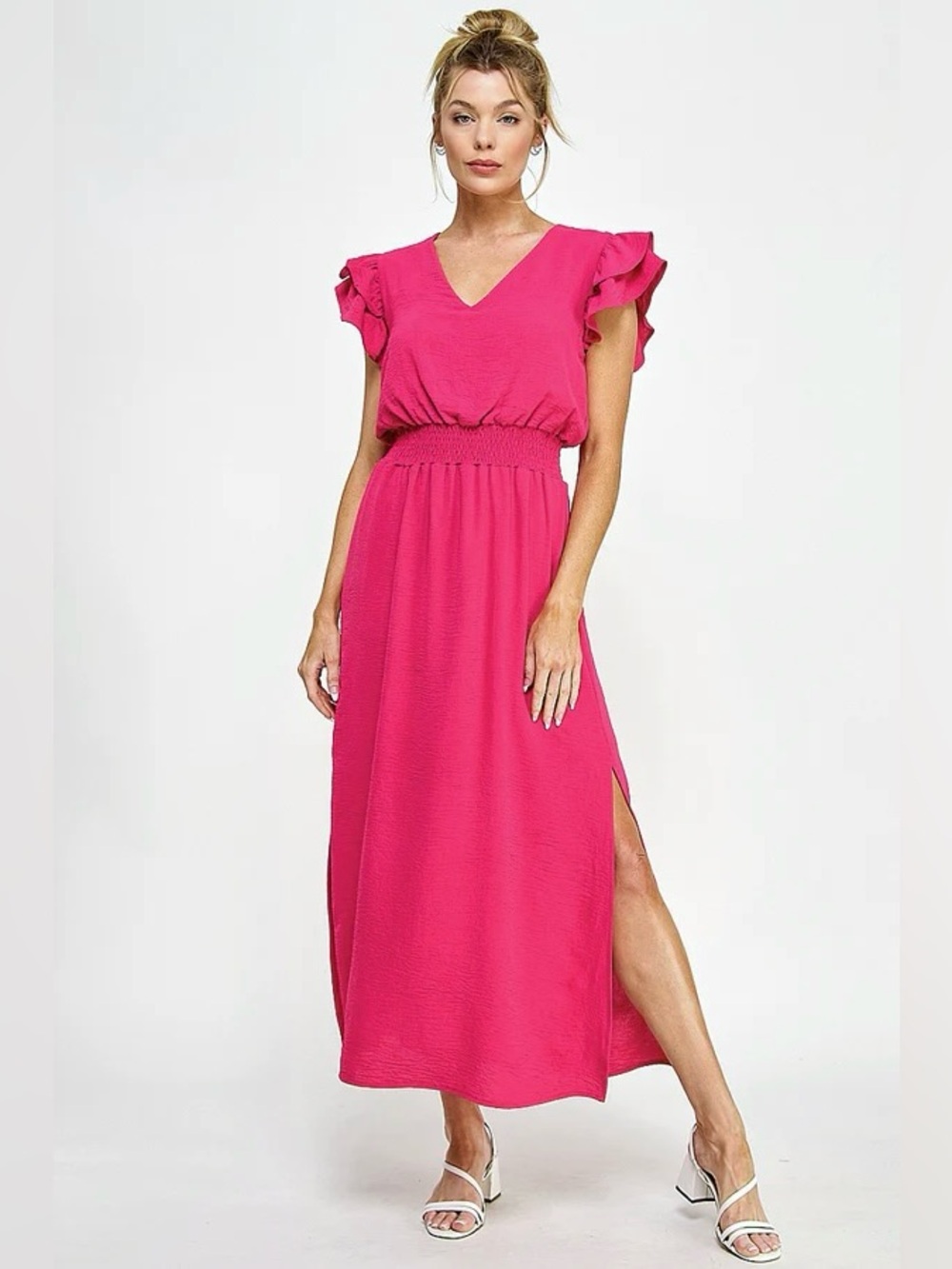 Caramela Pink Feminine V-Neck Maxi Dress Slit Casual